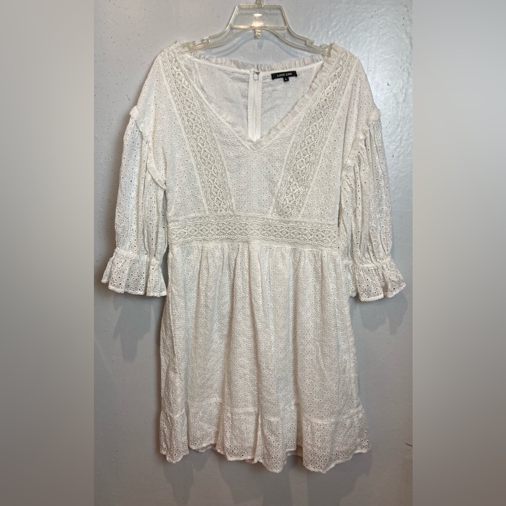 Love Sam Mini Dress Size L White Vivienne Eyelet Embroidered A-Line Boho Beachy